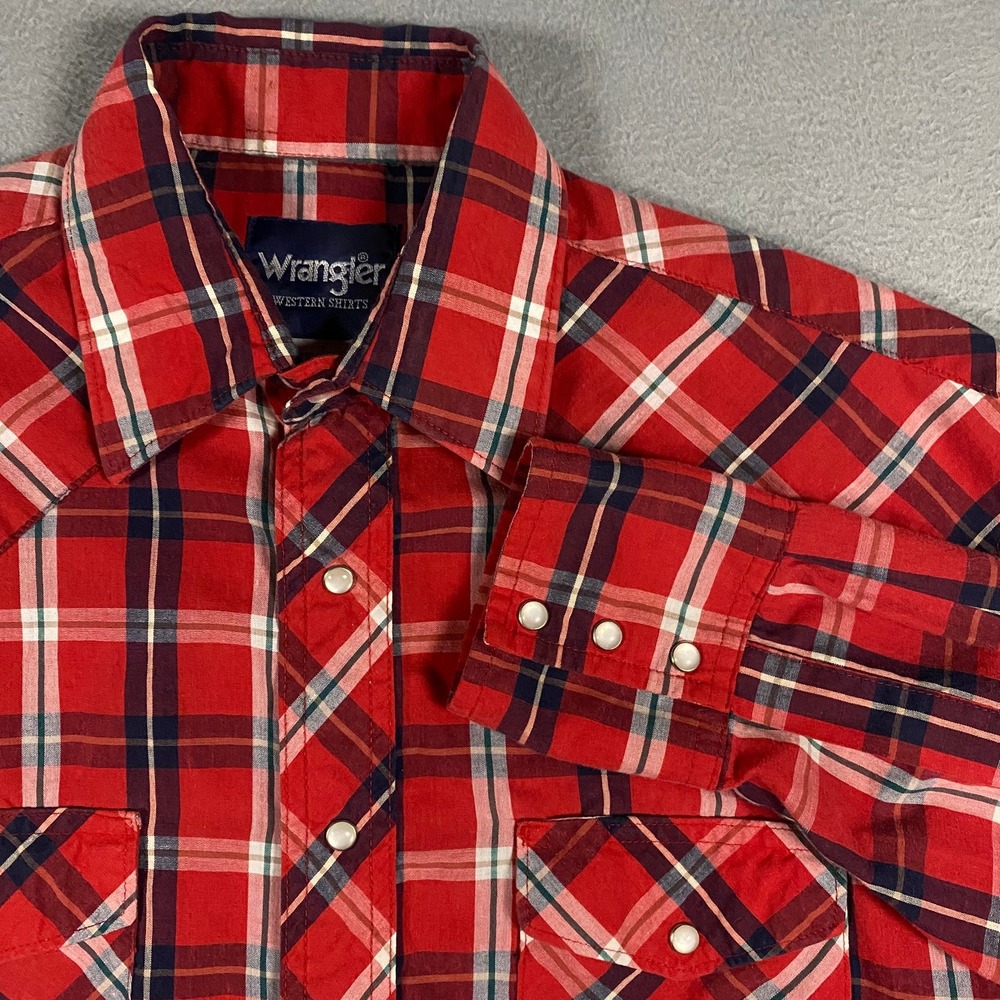 Wrangler Western Shirt Men 15.5x32 Red Good Plaid Pearl Snap